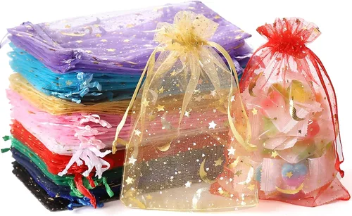 100 Piezas Bolsas de Organza de Luna y Estrella, Bolsas de Recuerdos de Boda de 4x6" con Cordón, Pequeñas Bolsitas de Regalo de Dulces de Malla de