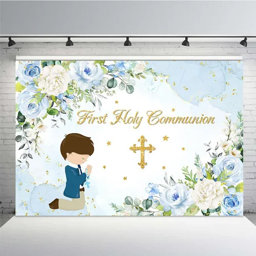 MEHOFOND Telón de fondo azul para la primera comunión Mi Bautizo de 7 x 5 pies para niños, decoración de fiesta de Dios bendiga fondo azul acuarela