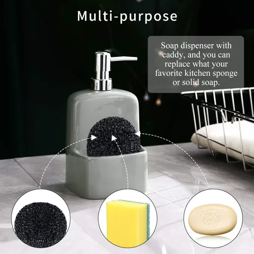 Miniatura 3 de Dispensador de jabón para platos, dispensador de jabón de cocina con soporte de esponja, dispensador de jabón de cerámica mate de 20 onzas para Gris
