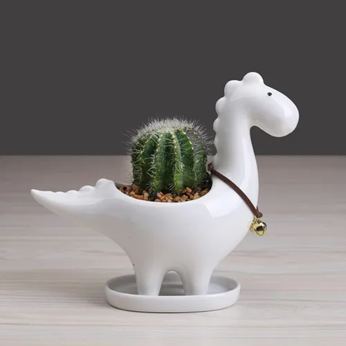Miniatura 4 de Cabilock Maceta de cerámica de dinosaurio con bandeja de drenaje, adorable maceta para suculentas para decoración de escritorio de jardín