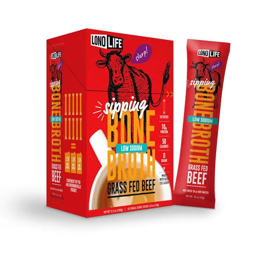 LonoLife - Sobres individuales de caldo de hueso de ternera bajo en sodio: 0.35 onzas de proteína, apto para dieta Keto, 10 porciones individuales