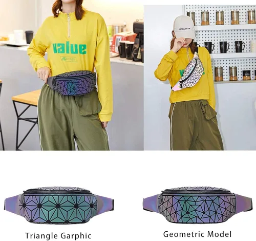 Miniatura 8 de Riñoneras para mujeres y hombres, bolsa holográfica luminosa para el pecho, paquete de cintura geométrica para viajes, festivales, correr, deportes