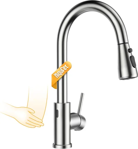 Miniatura 10 de Hiqufet Grifo de fregadero de cocina con rociador desplegable con placa de cubierta, grifo de arco alto de níquel cepillado, grifos modernos