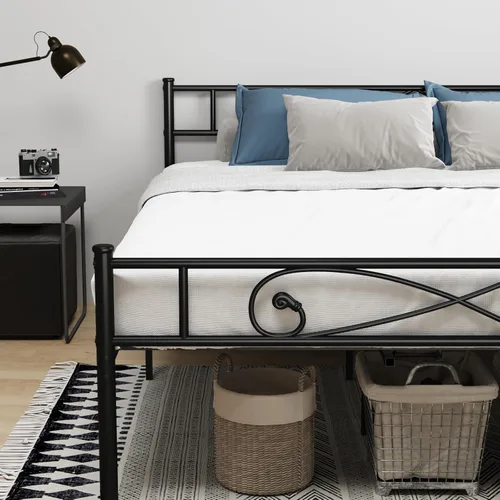Miniatura 9 de Base de cama de plataforma metálica King con cabecero, soporte de listones de acero resistente, base de colchón, almacenamiento debajo de la cama