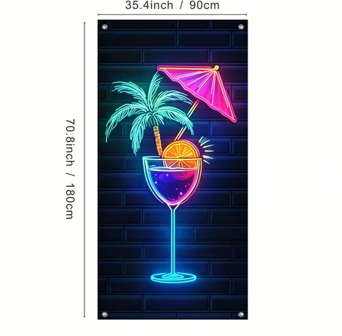 Miniatura 3 de IVN Cubierta para puerta de cóctel de neón, póster de luz LED, diseño de palmera y paraguas con rodaja naranja, vibrante brillo de neón de 12 x 18
