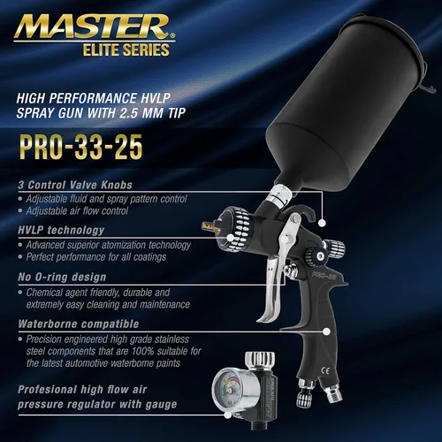 Miniatura 2 de Pistola Pulverizadora de Pintura Master Elite de Alto Rendimiento PRO-33 HVLP con Punta de 2.5mm, Copa de 1L, Medidor Regulador, Adaptador MPS
