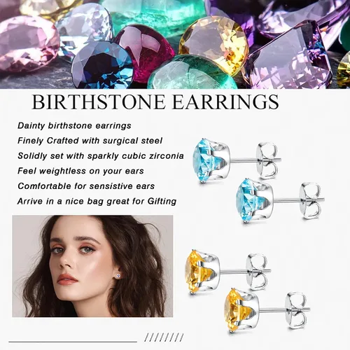 Miniatura 3 de Jstyle Aretes hipoalergénicos para mujeres y hombres, aretes de acero inoxidable quirúrgico con piedra natal, aretes coloridos de circonita cúbica
