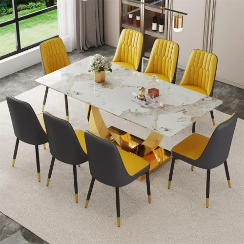 Miniatura 24 de Juego de mesa de comedor para 4, mesa de comedor de mármol sintético de 63 pulgadas con patas y base de acero inoxidable, sillas acolchadas