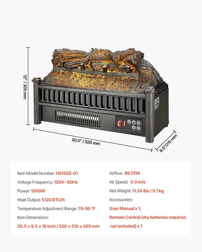 Miniatura 7 de VEVOR Calentador de Chimenea Eléctrico de 20 Pulgadas con Troncos, Inserto de Chimenea con Control Remoto, 5 Niveles de Brillo de Llama, Termostato