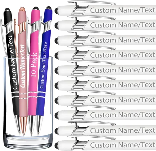 Miniatura 27 de Bolígrafos personalizados con nombre, paquete de 10 bolígrafos personalizados a granel, bolígrafo de tinta negra grabada con punta de lápiz óptico