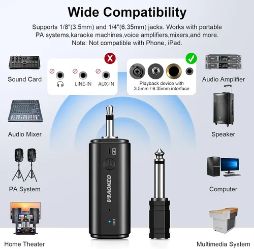 Miniatura 5 de Aokeo Auriculares de micrófono inalámbrico, sistema de micrófono inalámbrico UHF, rango de 160 pies