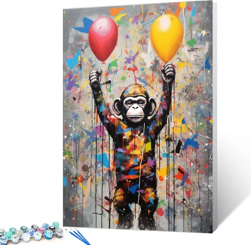 Miniatura 11 de Tucocoo Kits de pintura de globos coloridos por números con pinceles y pigmento acrílico sobre lienzo para adultos, cuadro de calle Banksy Little