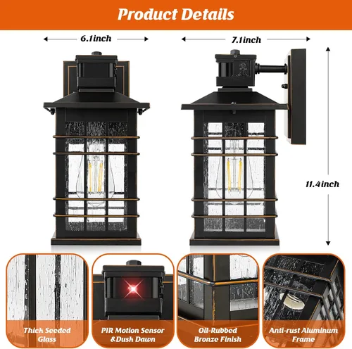 Miniatura 6 de Lámpara exterior con sensor de movimiento para montaje en pared, de bronce aceitado del anochecer al amanecer, impermeable, con base E26, linterna