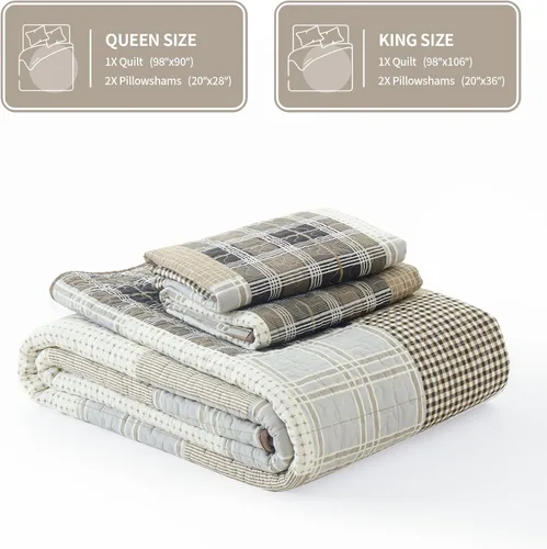 Miniatura 6 de KALOOLA Juego de edredón a cuadros tamaño Queen, 100% algodón, color beige, tamaño Queen, colcha acolchada reversible de granja con 2 fundas
