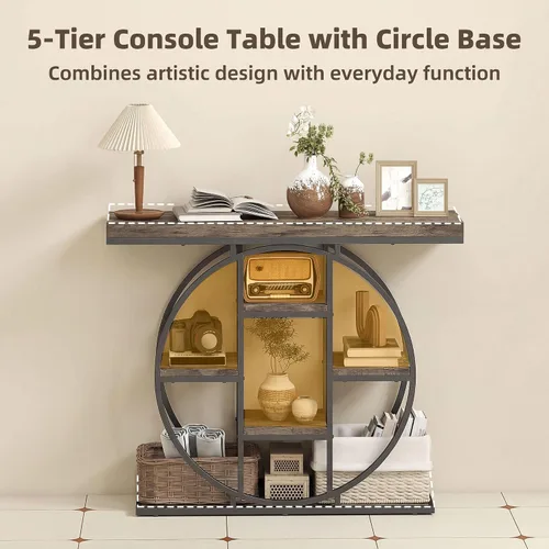 Miniatura 4 de HOMCOM Mesa de entrada, mesa de sofá consola de 39.4 pulgadas con estantes de almacenamiento y marco de acero circular, mesas decorativas de madera