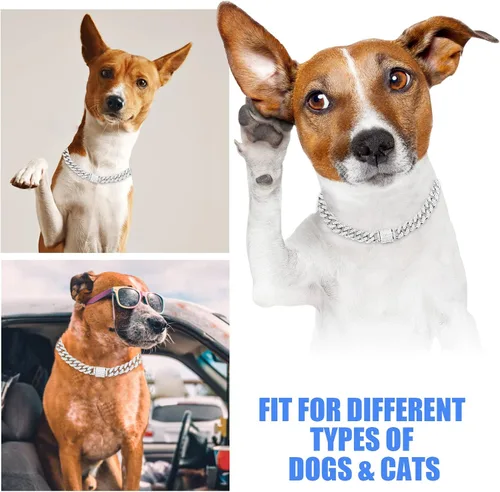 Miniatura 4 de Collar cubano de cadena para perro, collar de metal plateado para caminar con hebilla segura, collar de cristal cubano para mascotas, accesorios
