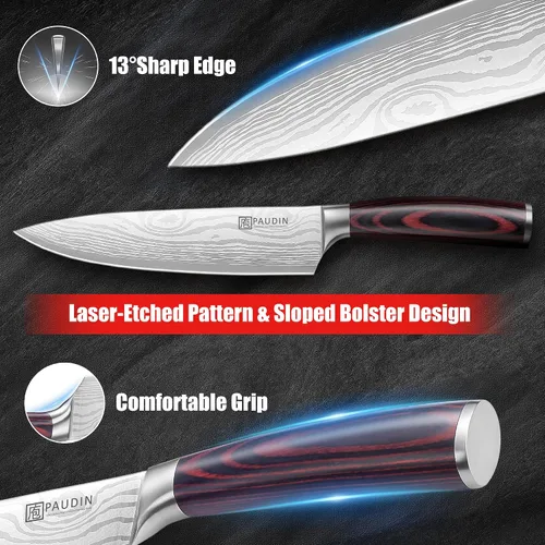 Miniatura 4 de PAUDIN Cuchillo de chef, cuchillo de cocina afilado de acero inoxidable de alto carbono de 8 pulgadas con mango ergonómico, caja de regalo