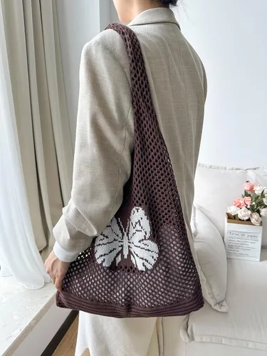 Miniatura 6 de ENBEI Bolsas bohemias, bolsa de punto de hombro, bolsa de mano Y2K estética, bolso de ganchillo lindo para mujeres, regalos hippie Café con una