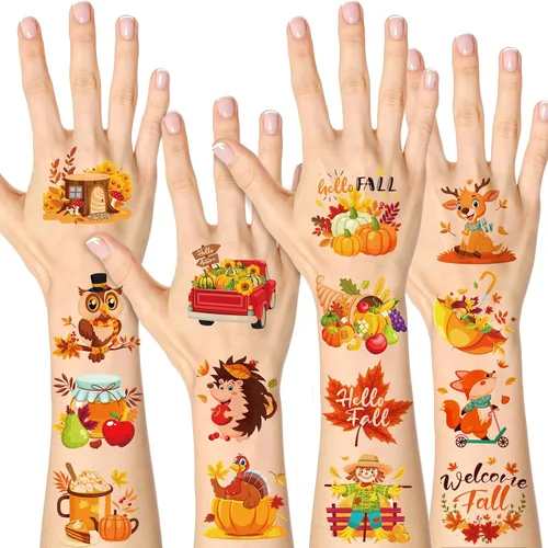 Miniatura 2 de HOWAF 96 tatuajes temporales de otoño para niños, tatuajes faciales de cosecha de otoño para bienvenida, otoño, hola, suministros de decoración