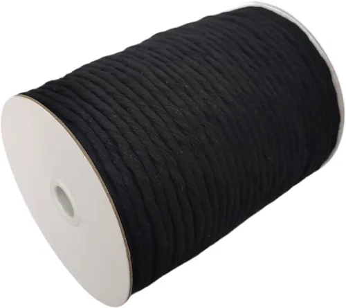 CAQUBO Cordón de macramé de algodón de una sola hebra de 0.236 in, color negro, 114 yardas, cordón de algodón natural, cuerda gruesa trenzada de 1