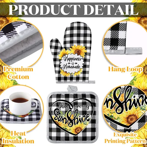 Miniatura 5 de Leinuosen Juego de 6 toallas de cocina con girasoles a cuadros, decoración y accesorios, juego de guantes de horno y soportes para macetas, paños