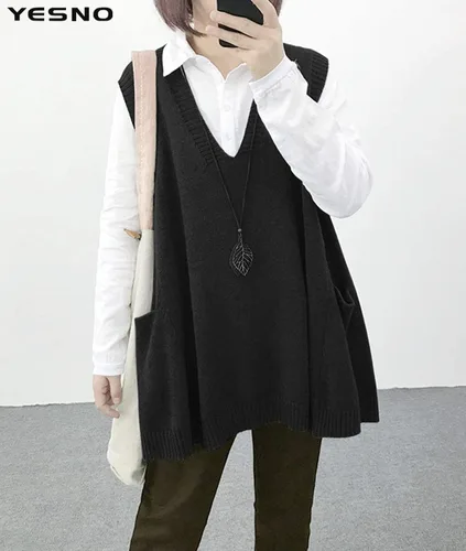 Miniatura 2 de YESNO Sweater Vest Women Loose Swing Cotton Cute Oversized Knit Pullover Sleeveless Sweater Tops with Drop Pockets WM9