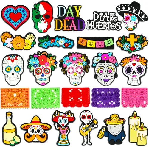 25 dijes para zapatos del Día de los Muertos para sandalias de cocodrilo con burbujas, decoraciones de zapatos para mujeres, hombres, adultos y