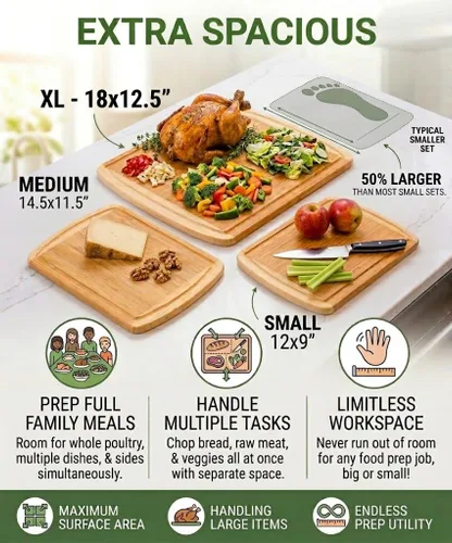 Miniatura 5 de Greener Chef Juego de 3 tablas de cortar de bambú de lujo con tecnología vertical de resistencia al grano, tablas de cortar de madera extra grandes