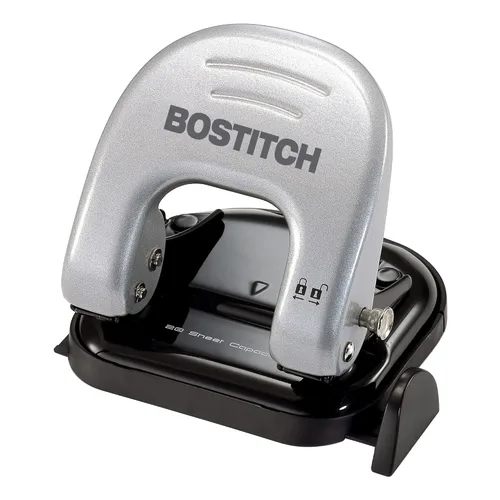 Bostitch Office EZ Squeeze Reduced Effort Perforadora de 2 agujeros, 2 hojas, mango de bloqueo, color plateado (231)