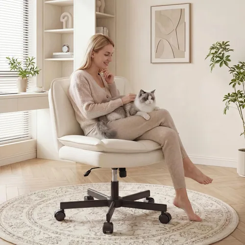 Miniatura 3 de DurayLoly Silla Criss Cross con Ruedas, Silla de Oficina con Patas Cruzadas con Cojín de 2 Capas, Asiento Ancho Cómodo, Cuero, Sin Brazos, Sillas