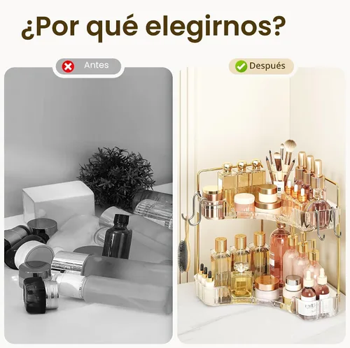 Miniatura 6 de Organizador de esquina para encimera de baño, organizador de baño de 2 niveles y encimera de almacenamiento con ganchos, cuidado de la piel