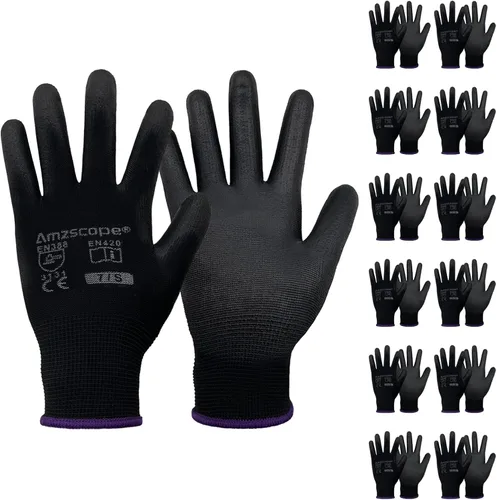 Miniatura 12 de Guantes de trabajo con revestimiento de poliuretano, 12 pares, guantes de jardín finos para hombres y mujeres, ideales para trabajo ligero
