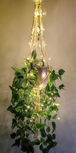 Paquete de 2 colgadores de macramé para plantas con luces, cesta colgante para macetas de interior con cuentas de madera, soporte para macetas,