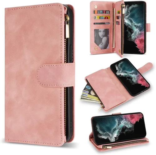 Miniatura 12 de ZZXX Funda para Samsung Galaxy S22 Plus con ranura para tarjeta, piel sintética suave de alta calidad, con cremallera, con correa para la muñeca