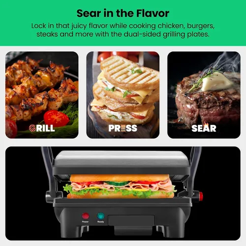 Miniatura 4 de Chefman Panini RJ02-180 parrilla de presa y sandwichera gourmet con revestimiento no adherente, se abre a los 180 grados, funciona con cualquier
