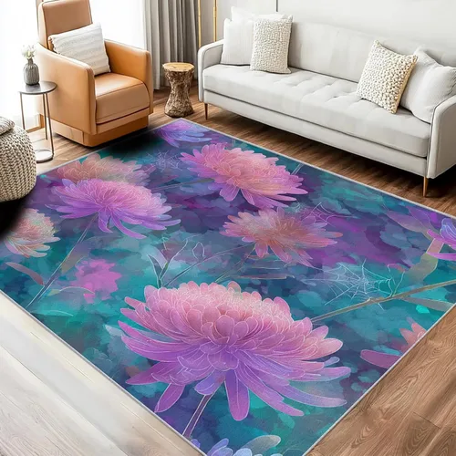 Miniatura 9 de Purple Flower Rugs for Living Room 7x8, Retro Floral Bedroom Carpet, Vintage 70s Bohemian Pattern Design Area Rug, Washable Non Slip Soft Area