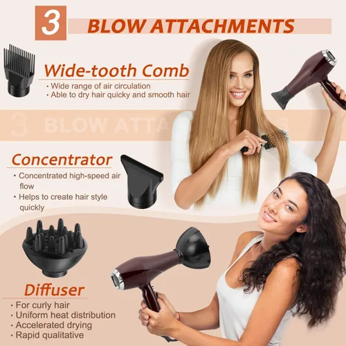 Miniatura 3 de Secador de pelo de 2000 W, con difusor concentrador de peine para mujeres y hombres, secador de pelo silencioso iónico negativo con potente motor