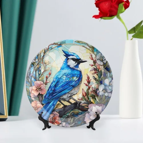 Miniatura 6 de Platos decorativos, pájaro azul y flores, pintura de vitrales, plato de cena de cerámica para el hogar con soporte de exhibición, decoración
