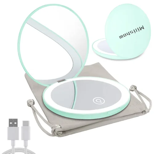 Miniatura 7 de Espejo compacto con luz LED, espejo recargable con aumento 1x/10x, 3.5 pulgadas, espejo de viaje regulable para bolso, bolsillo, espejo de Oro rosa