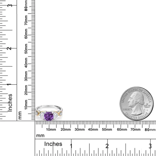 Miniatura 4 de Gem Stone King Plata 925 y oro amarillo de 10 quilates, cojín de anillo de 3 piedras amatista media luna creada moissanita y diamante cultivado