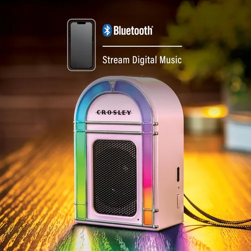 Miniatura 4 de Crosley CR3046A-PI Mini Jukebox Altavoz Bluetooth portátil con luces LED y micrófono, rosa Rosado