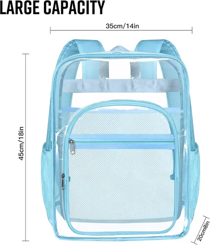Miniatura 3 de Mochila transparente, de forma resistente, resistente, grande, transparente, informal, para estadio, trabajo, viajes, Azul, Grande, Transparente