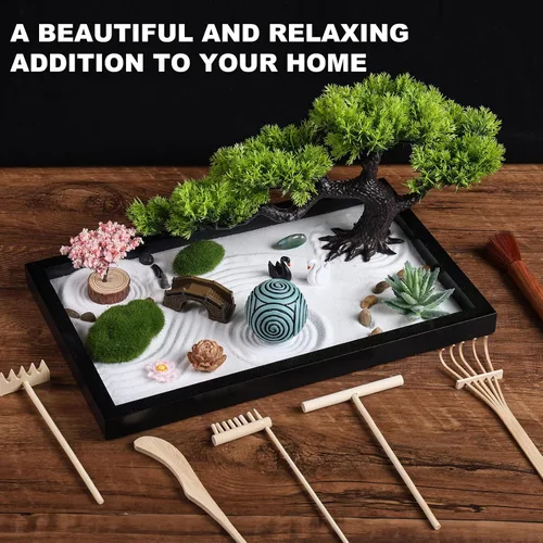 Miniatura 3 de Kit de jardín Zen para decoración de escritorio - Juego de caja de jardín Zen de arena mini japonés premium hermoso para el hogar, oficina
