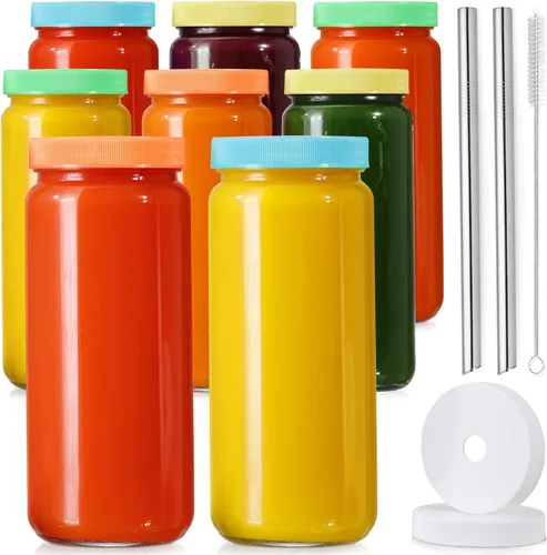 Miniatura 9 de Paquete de 8 botellas de vidrio para jugo con 2 popotes y 2 tapas con agujero, tarros de viaje de 16 onzas, vasos de agua con tapas herméticas Tapas