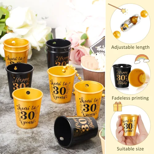 Miniatura 3 de Sureio 24 piezas de 30 cumpleaños regalos de fiesta de chupito collares tazas a granel para mujeres, hombres invitados, tazas de plástico dorado