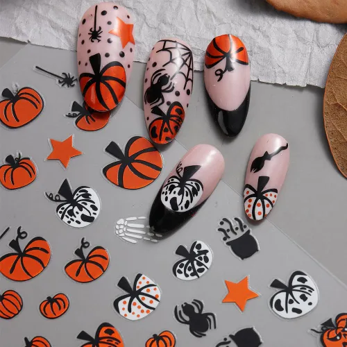 Miniatura 7 de 8 hojas de calcomanías de uñas de Halloween con diseños de fantasmas lindos, calabaza, araña, telaraña, sangre, llama 3D, autoadhesivas, Otoño