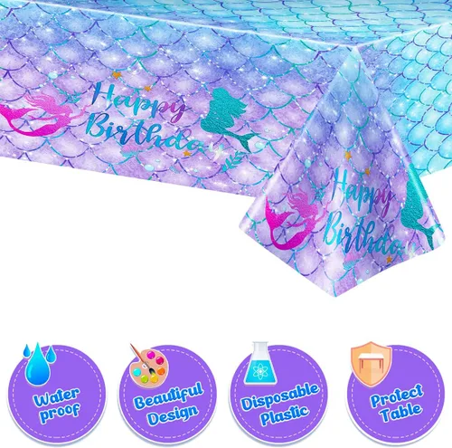 Miniatura 3 de DaiUni 1 mantel de cumpleaños de sirena para decoración de fiesta de cumpleaños, funda rectangular desechable de plástico para suministros de fiesta