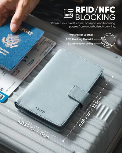 Miniatura 3 de VULKIT Cartera de pasaporte compatible con Airtag Holder Bifold Travel Card Holder, Azul, Moda