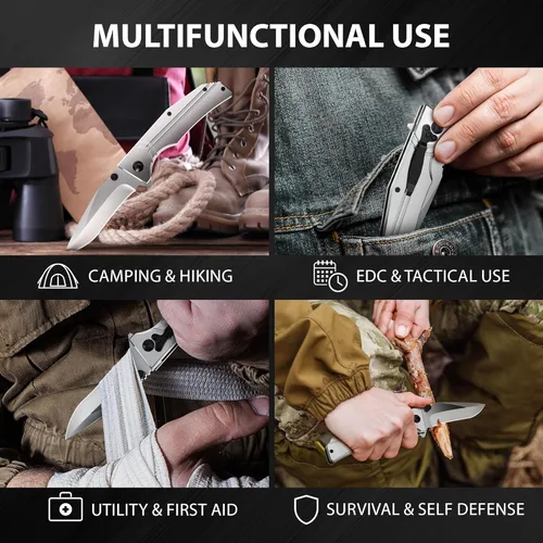 Miniatura 6 de Navaja de bolsillo para hombres y mujeres - Hoja plegable afilada de 3.5" con mango de aluminio y clip de bolsillo - Elegantes navajas grises