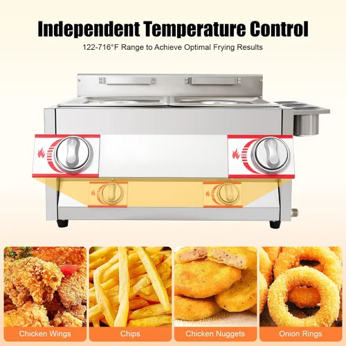Miniatura 6 de Freidora comercial de gas, 2 freidora de gas de acero inoxidable de 6.34 cuartos de galón, freidora de gas con 2 cestas para restaurantes y puestos